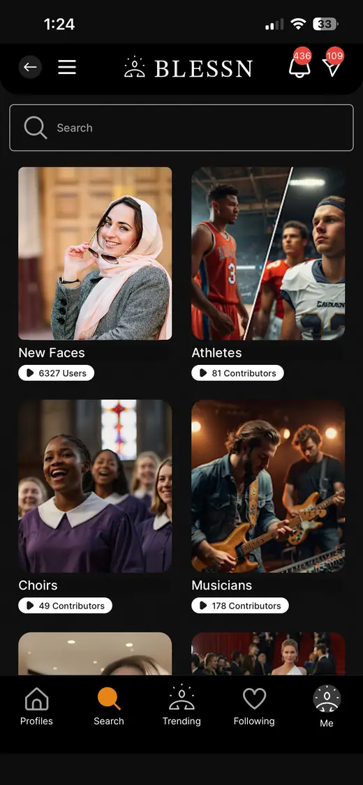 Browsing Blessn categories: new faces, athletes, choirs and musicians.