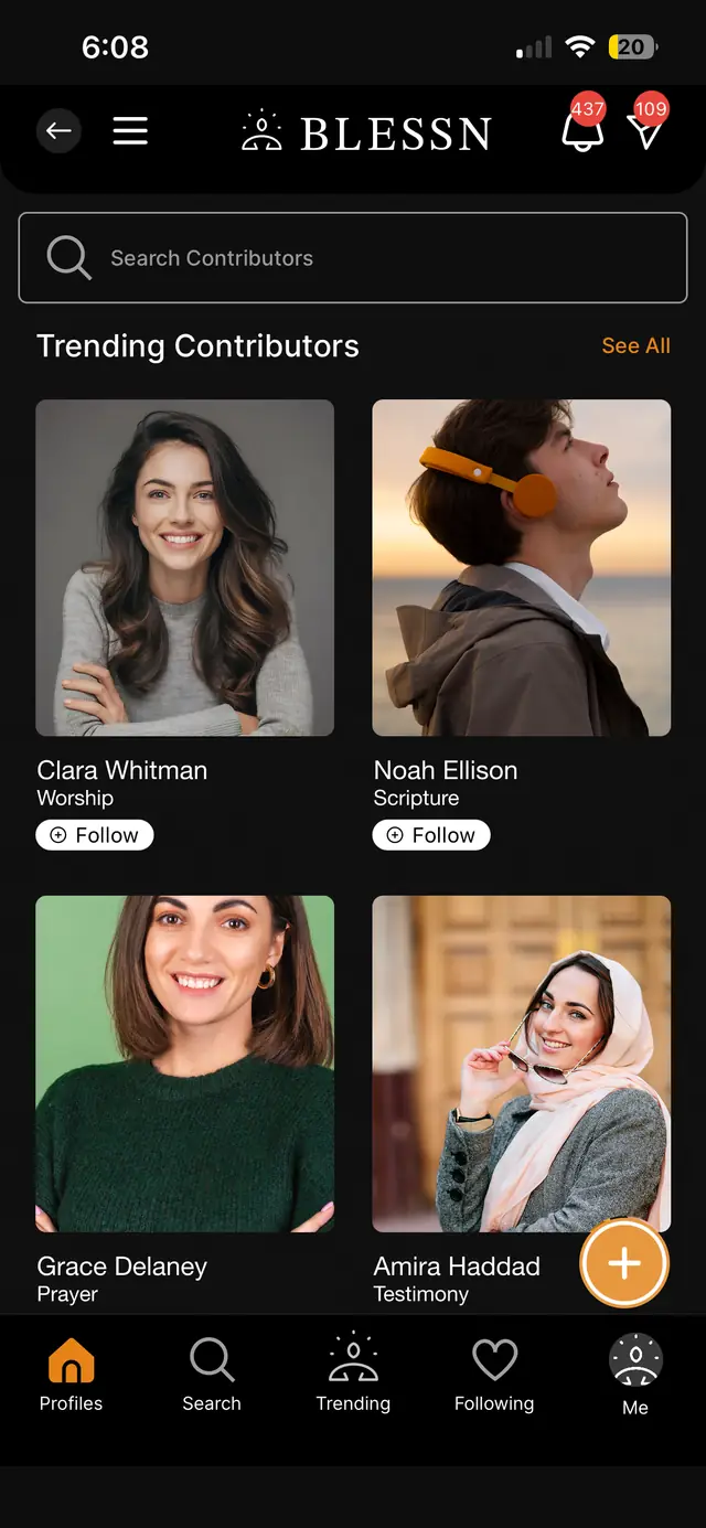 The Blessn Trending Contributors screen, a grid of profiles each with a Follow button.